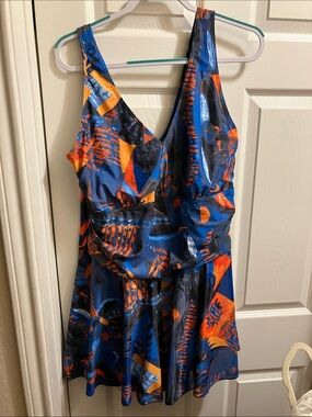 Blue & Orange Printed One-Piece Swimdress